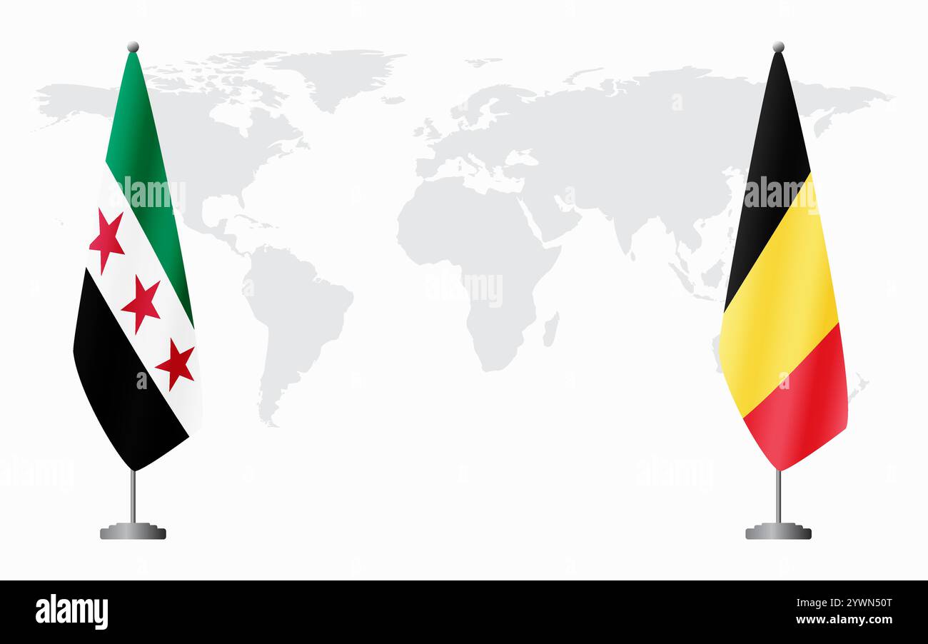 Révolution syrienne et drapeaux belges pour la réunion officielle sur fond de carte du monde. Illustration de Vecteur