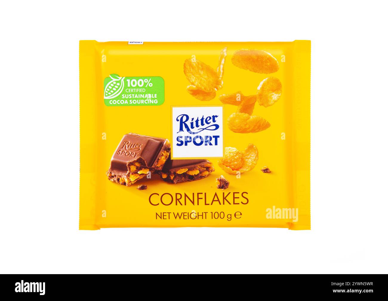 LONDRES, Royaume-Uni - 24 NOVEMBRE 2024 : tablette de chocolat par Ritter Sport avec cornflakes sur blanc. Banque D'Images