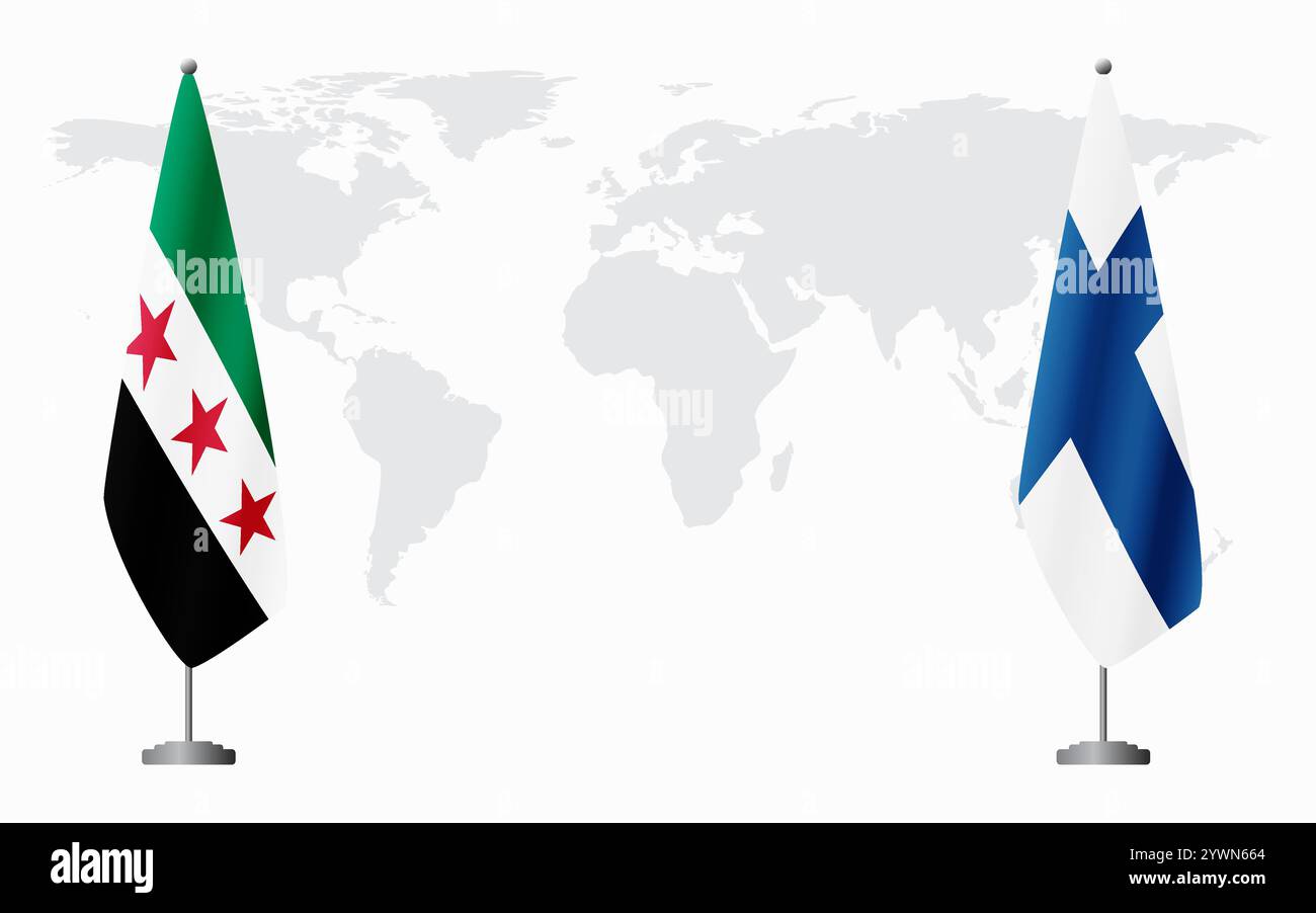 La révolution syrienne et la Finlande drapeaux pour la réunion officielle sur fond de carte du monde. Illustration de Vecteur