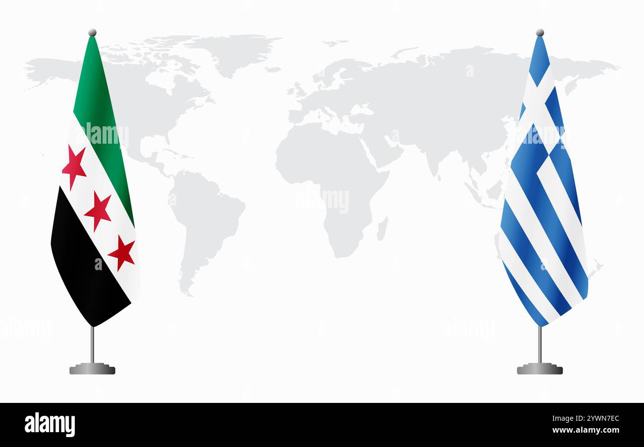 La révolution syrienne et la Grèce drapeaux pour la réunion officielle sur fond de carte du monde. Illustration de Vecteur