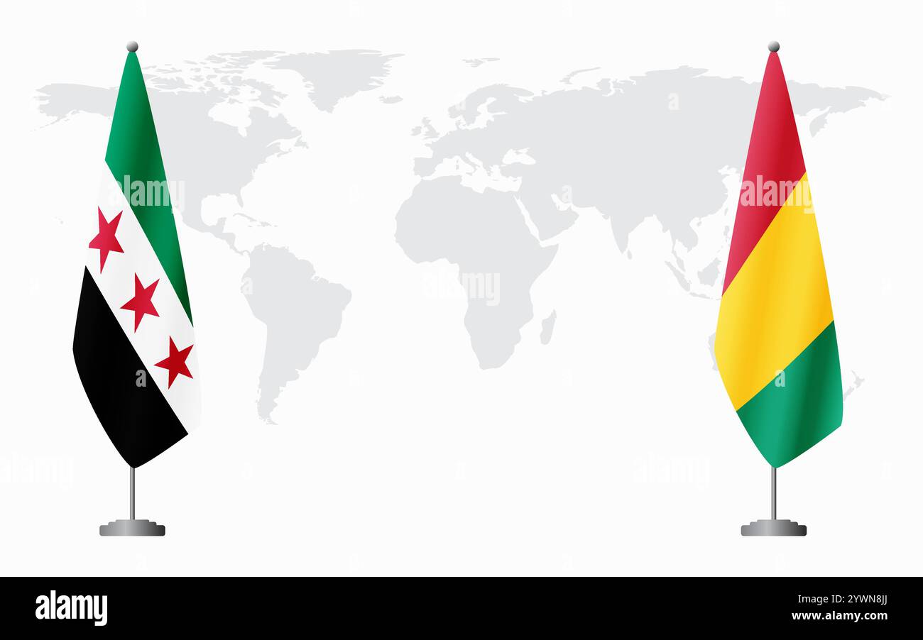 La révolution syrienne et les drapeaux de Guinée pour la réunion officielle sur fond de carte du monde. Illustration de Vecteur