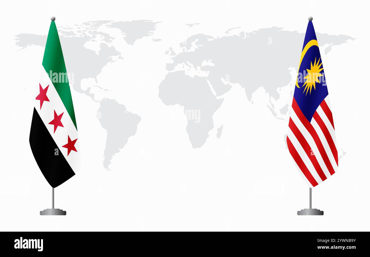 La révolution syrienne et les drapeaux de Malaisie pour la réunion officielle sur fond de carte du monde. Illustration de Vecteur