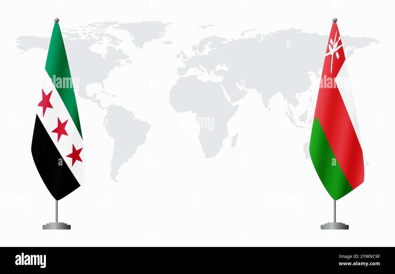 La révolution syrienne et Oman drapeaux pour la réunion officielle sur fond de carte du monde. Illustration de Vecteur