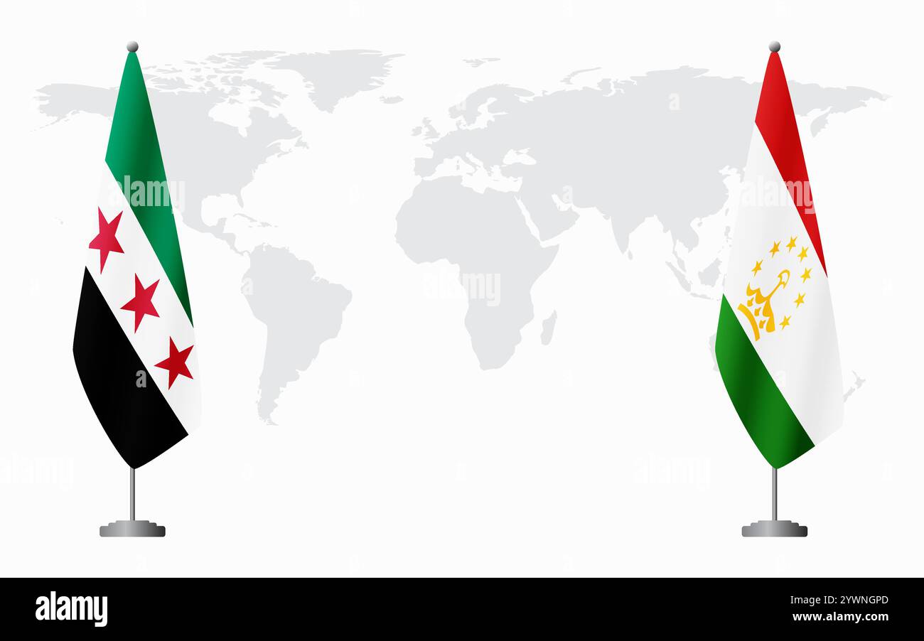 La révolution syrienne et le Tadjikistan drapeaux pour la réunion officielle sur fond de carte du monde. Illustration de Vecteur