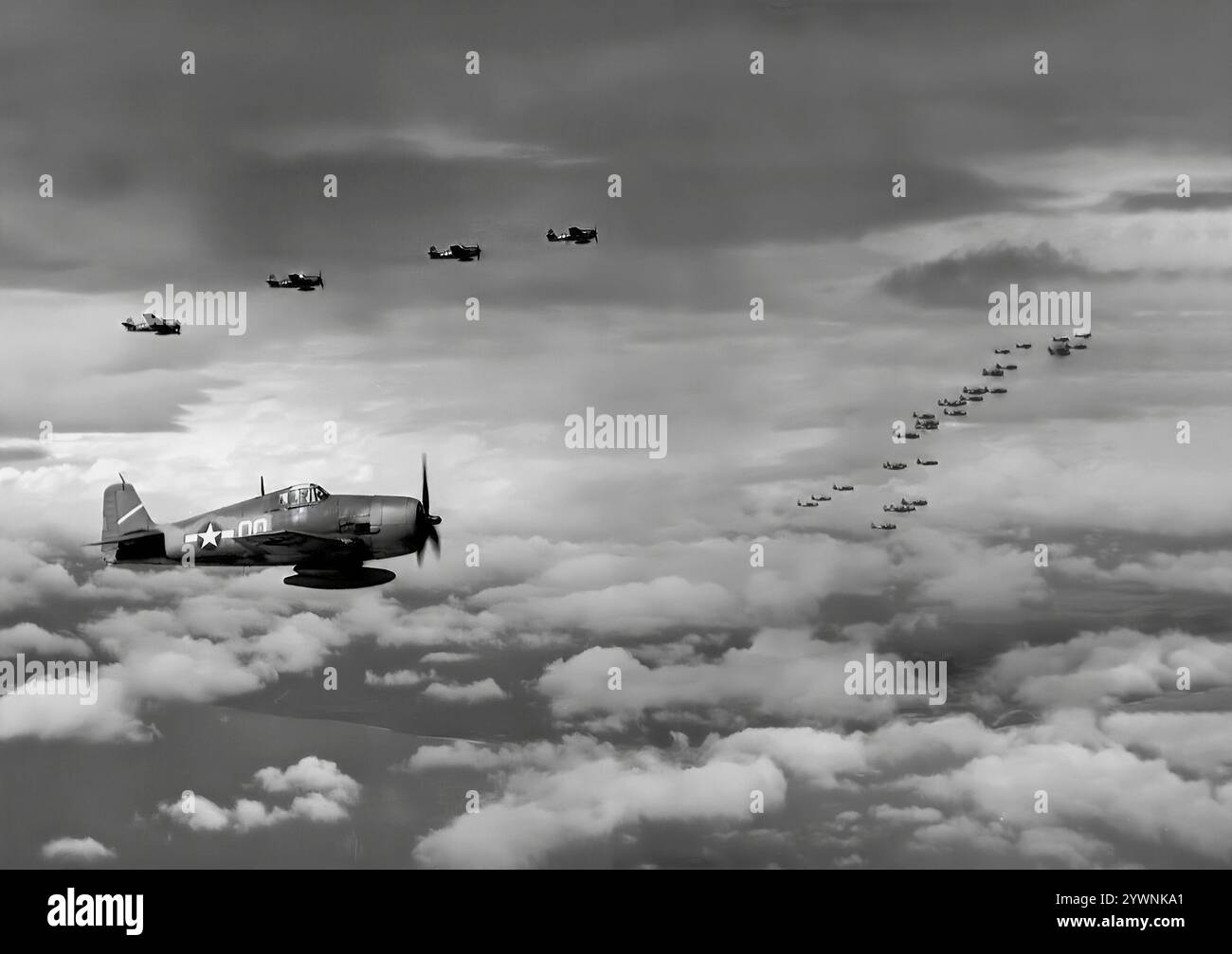 Grumman F6F Hellcats en route pour frapper l'île Marcus dans le centre de l'océan Pacifique. L'avion de chasse américain de la seconde Guerre mondiale a fait ses débuts au combat en septembre 1943 et s'est par la suite imposé comme un chasseur de porte-avions robuste et bien conçu. Il est devenu le chasseur dominant de la marine des États-Unis dans la seconde moitié de la guerre du Pacifique. Au total, 12 275 avions ont été construits en un peu plus de deux ans et les Hellcats ont été crédités d'avoir détruit un total de 5 223 avions ennemis alors qu'ils étaient en service dans l'US Navy, le US Marine corps et la Royal Navy Fleet Air Arm (FAA). Banque D'Images