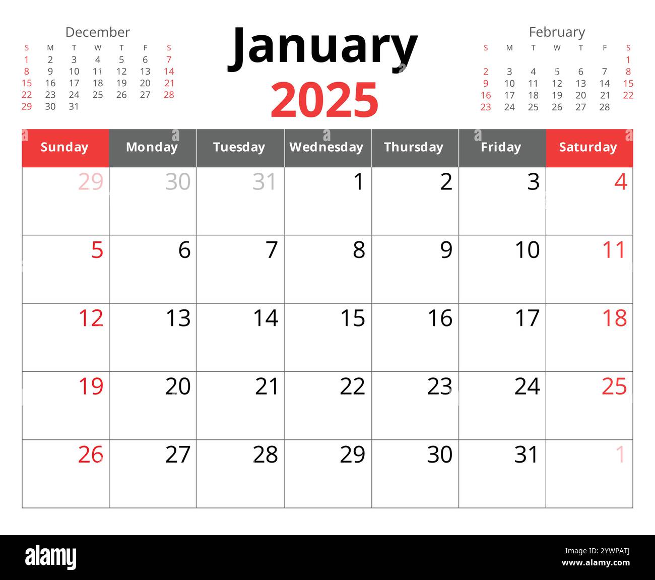 calendrier du 2025 janvier. Un vecteur calendriers mensuels anglais. Design avec début de dimanche Illustration de Vecteur