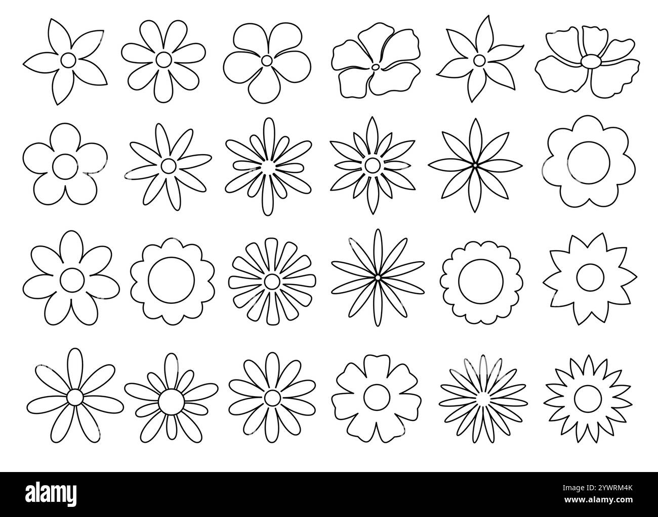 Ensemble de contours de dessin de clipart de fleurs. Fleurs de printemps collection dessinée à la main comme tournesol, aster, gerbera, Marguerite, camomille, et jonquille clip art Illustration de Vecteur