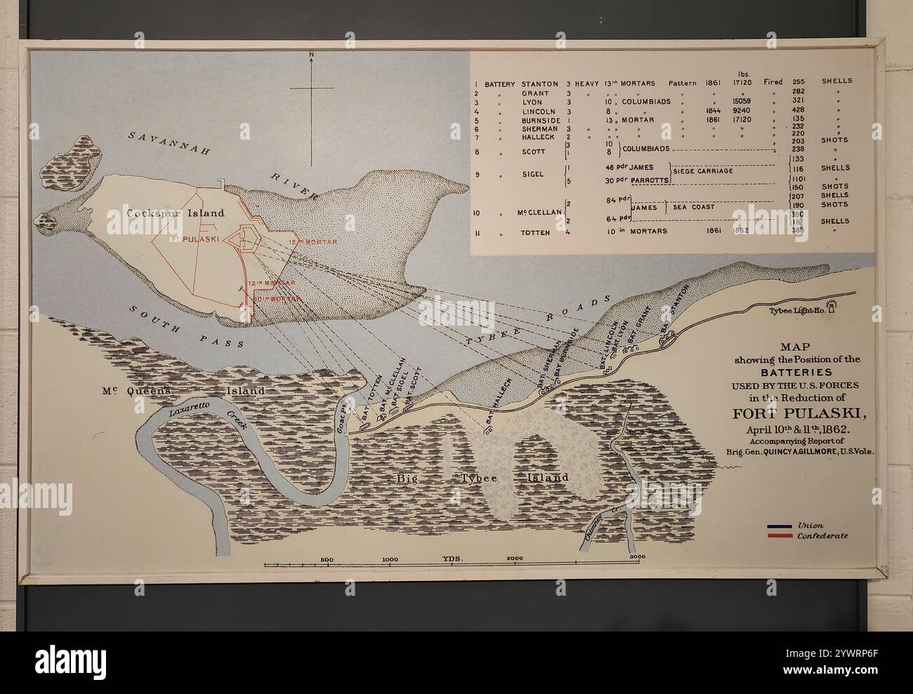 1862 carte des positions de la batterie au fort Pulaski utilisées par les forces américaines. Exposé au musée du monument national de Fort Pulaski près de Savannah, Georg Banque D'Images