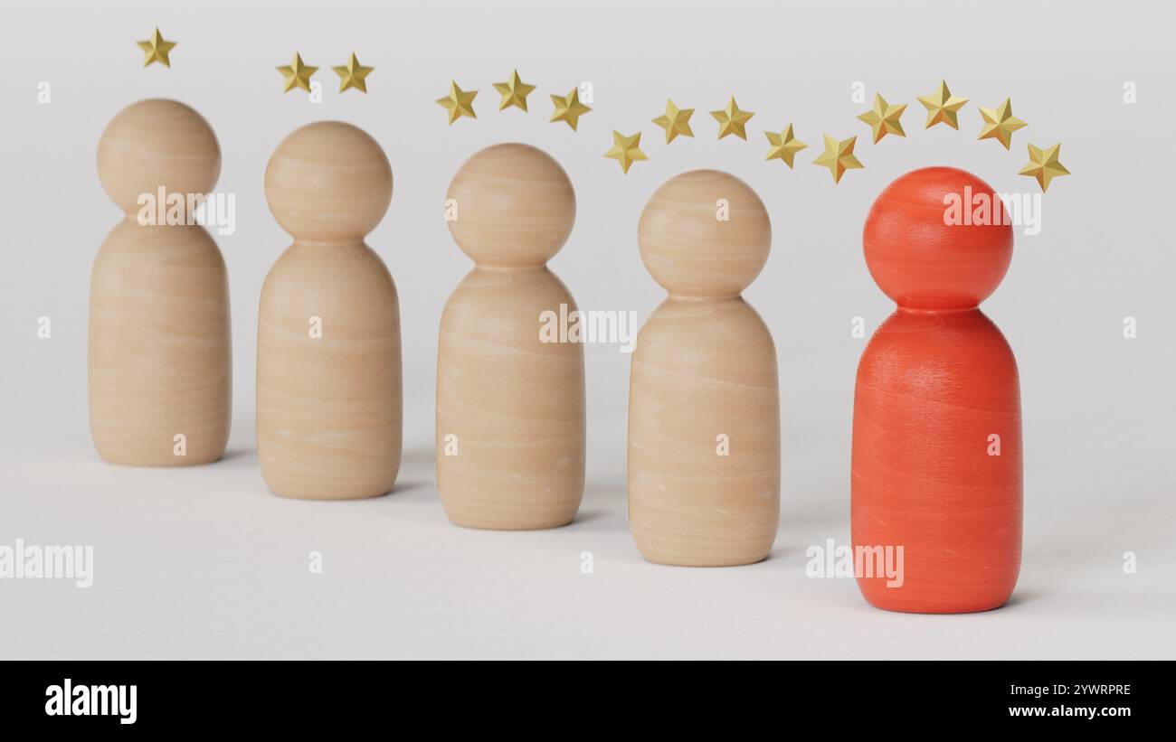 Figure en bois sourire avec cinq étoiles pour le client excellent évaluer après utilisation produit et service concept.leader travail d'équipe et succès.rendu 3D sur wh Banque D'Images