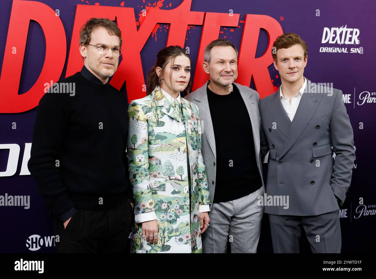 New York, États-Unis. 11 décembre 2024. Michael C. Hall, Patrick Gibson, Molly Brown et Christian Slater arrivent sur le tapis rouge pour la première de Showtime 'Dexter : original Sin' New York au SVA Theater le mercredi 11 décembre 2024 à New York. Photo de John Angelillo/UPI crédit : UPI/Alamy Live News Banque D'Images