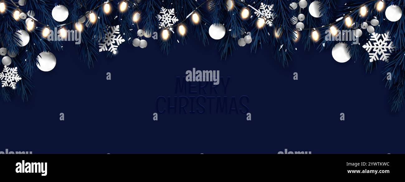 Bordure de Noël avec guirlande lumineuse et branches à feuilles persistantes bleu foncé. Scène nocturne avec ornements blancs, flocons de neige argentés et texte de voeux. Affiche supérieure Noël ou bannière saisonnière hiver. Illustration de Vecteur