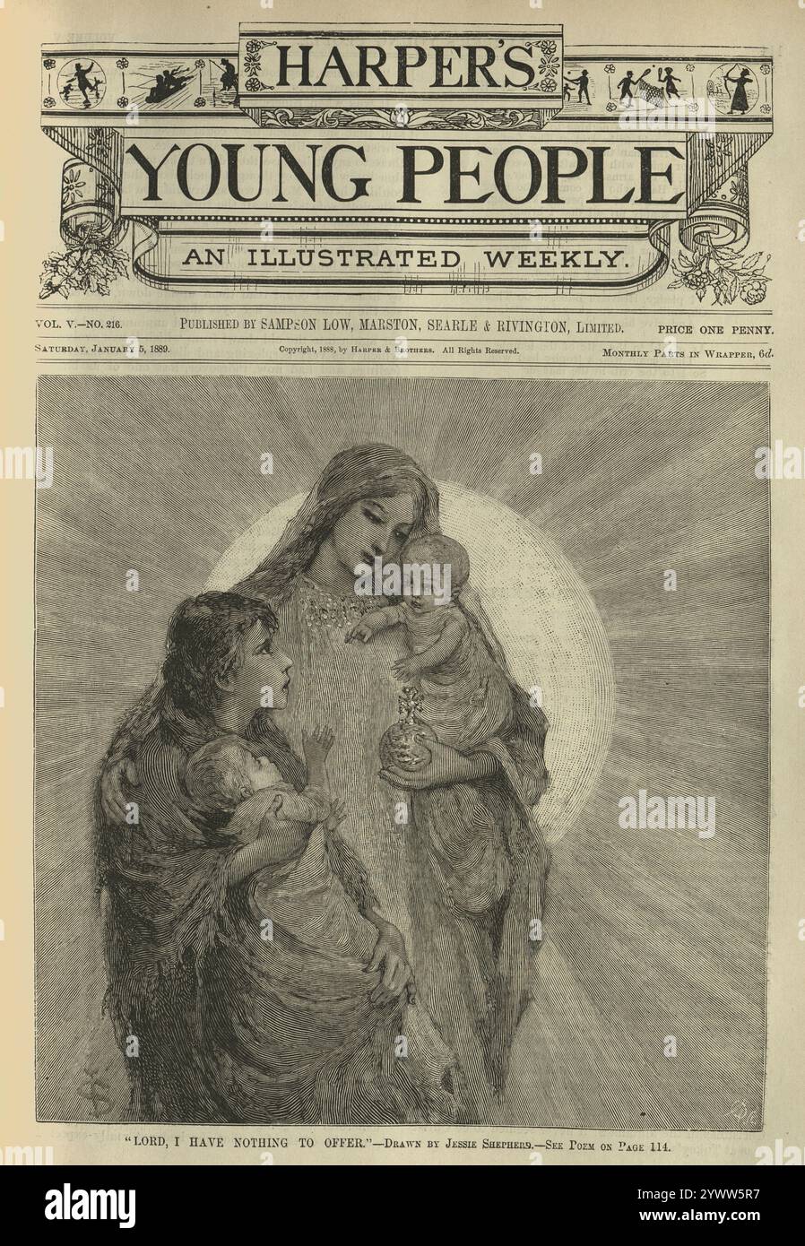 Vierge Marie et bébé Jésus, soignant une pauvre femme et son bébé, victorien, années 1880, illustration religieuse vintage Banque D'Images