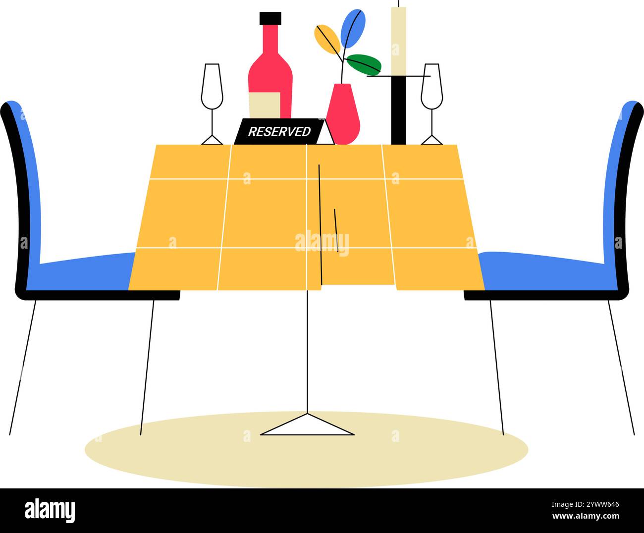 Table réservée avec bouteille de vin et décor en illustration vectorielle plate symbolisant la salle à manger de luxe et l'atmosphère romantique, isolé sur fond blanc Illustration de Vecteur