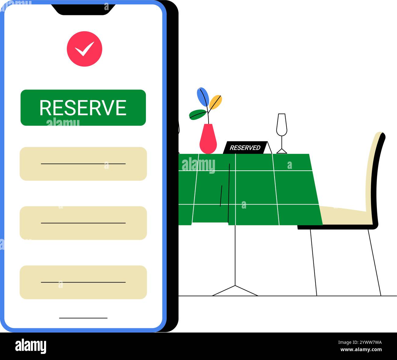 Tableau réservation interface de l'application mobile en illustration vectorielle plate symbolisant la réservation en ligne, la commodité et la technologie, isolé sur blanc Illustration de Vecteur