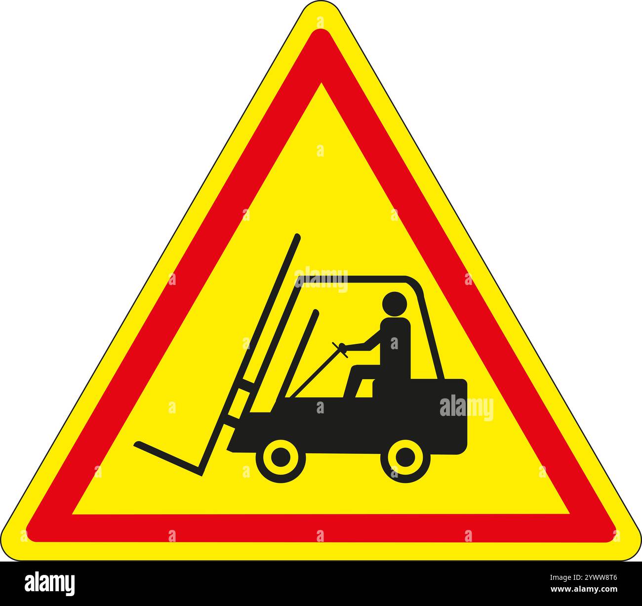Panneau triangulaire avec fond jaune et bordure rouge, danger de circulation de chariot élévateur Banque D'Images