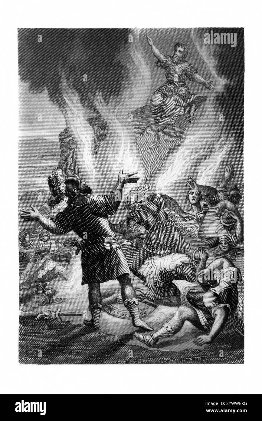 Gravure en acier d'Elijah appelant le feu du ciel - le roi Ahaziah a envoyé un capitaine et cinquante hommes pour amener Elijah en bas de la colline de l'homme de Dieu venez faire Banque D'Images