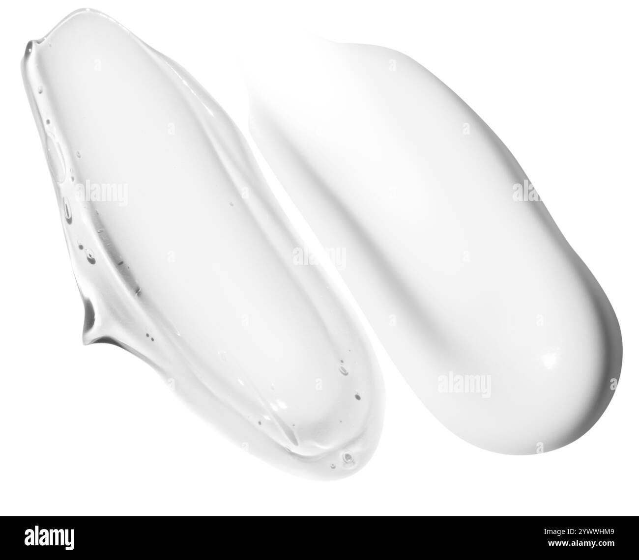 Composition de frottis de crème blanche et de frottis de gel transparent sur un fond vide. Produits de soin de la peau, textures hydratantes et hydratantes. Banque D'Images