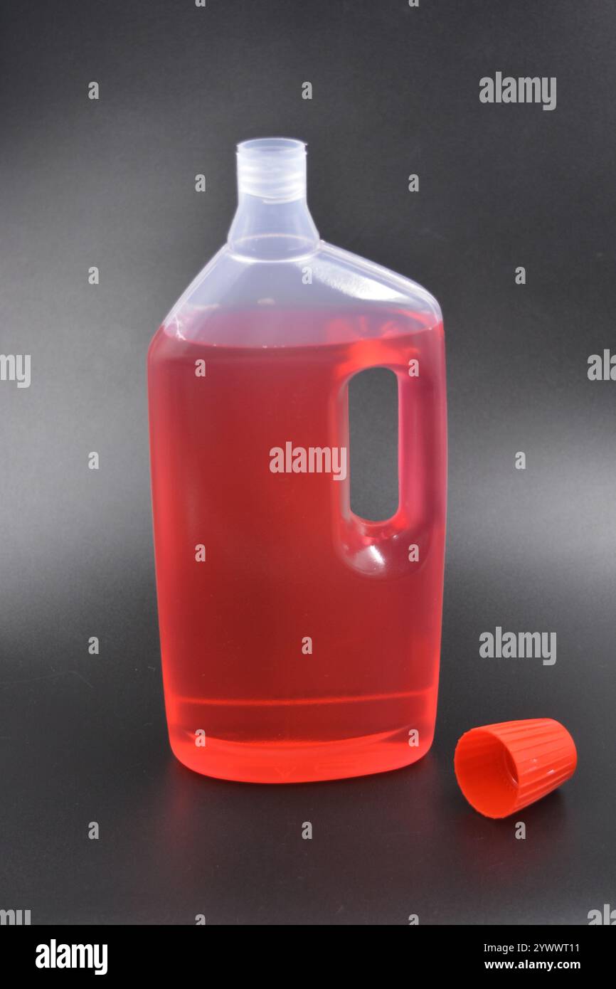 Une grande bouteille transparente pour laver les vêtements, le linge de lit, les tissus et les salles de nettoyage. Une bouteille en plastique remplie d'un liquide rouge avec un bouchon rouge vif Banque D'Images