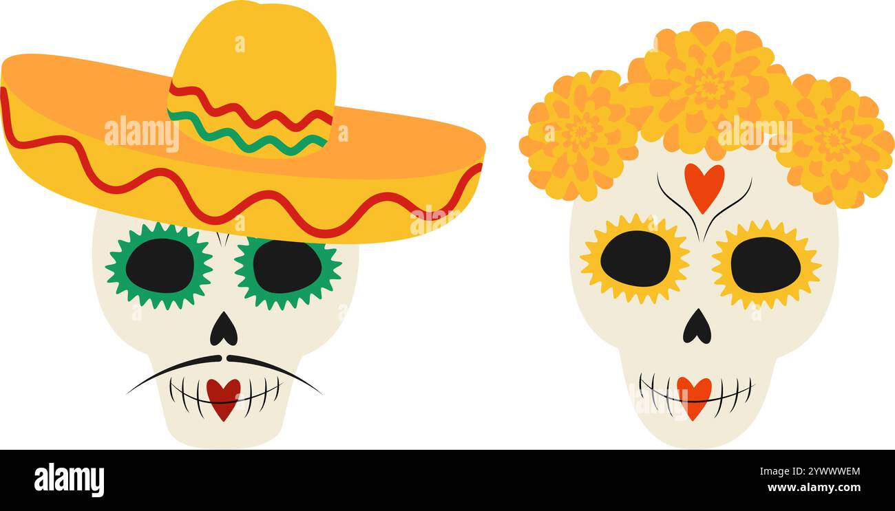 Chausson festif dans un décor mexicain traditionnel et couvre-chef. Day of the Dead Cute Characters Idea Set 2. Illustration vectorielle isolée cartes de voeux ou d'invitation thématiques ou brochures promotionnelles Web, bannière Illustration de Vecteur