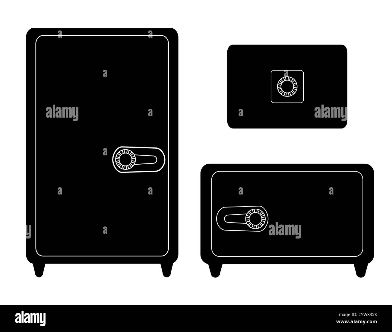 Ensemble monochrome vectoriel de coffres-forts fermés. Collection de clips arts de silhouettes noires de coffres-forts de dépôt pour les icônes. Protection de l'argent Illustration de Vecteur