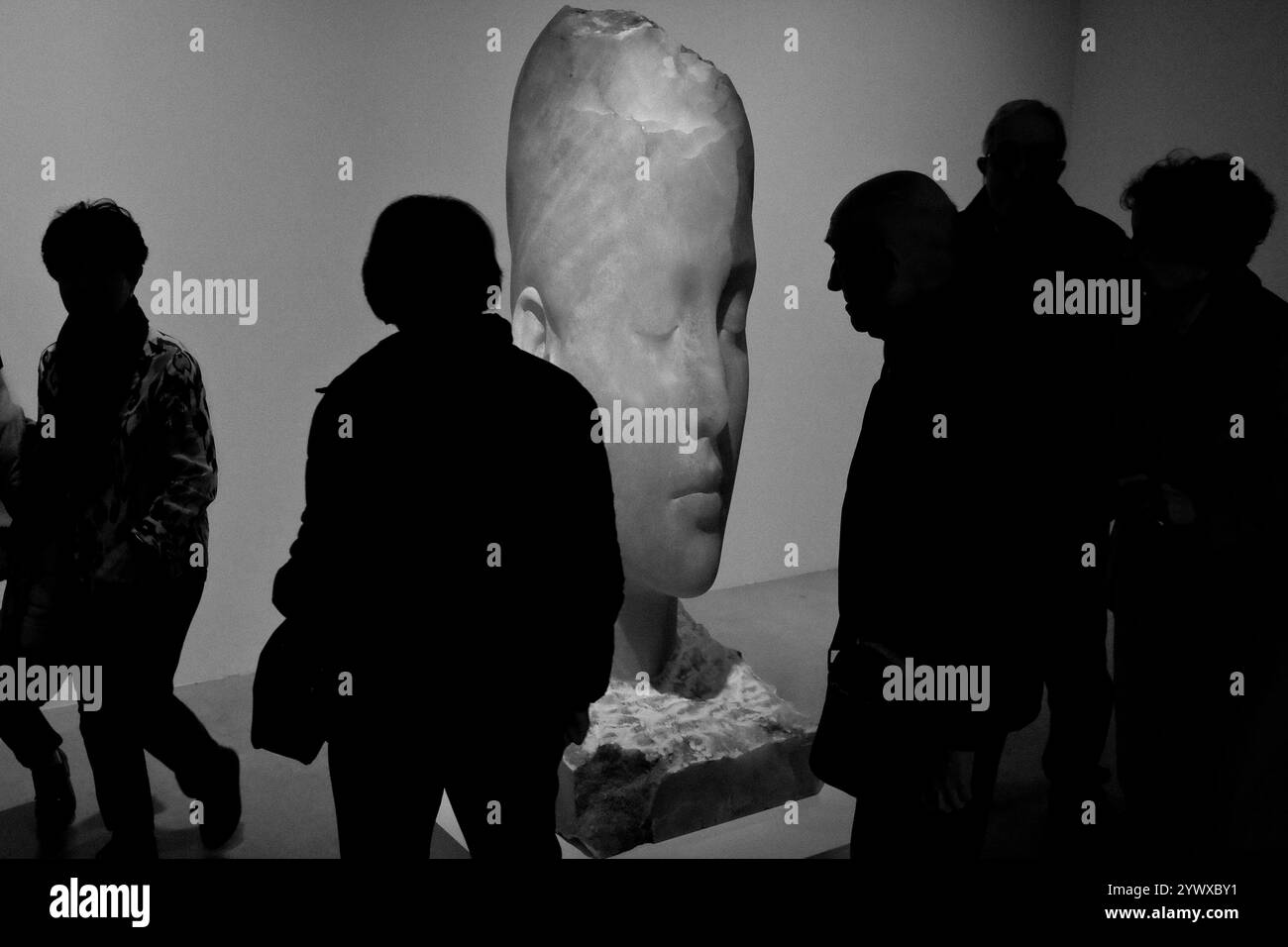 Visiteurs assistant à l'exposition 'Materia Interior' du sculpteur catalan Jaume Plensa, à Fundación Telefónica à Madrid, Espagne. Banque D'Images