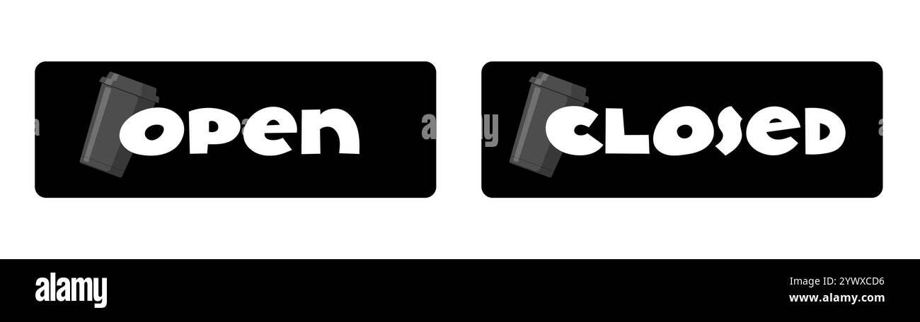 Panneaux créatifs ouverts et fermés pour porte ou fenêtre. Conception de planches à pince rectangulaires pour café, café, restaurant ou bar. Modèle d'annonce invitant les clients à visiter ou indiquant la fermeture Illustration de Vecteur