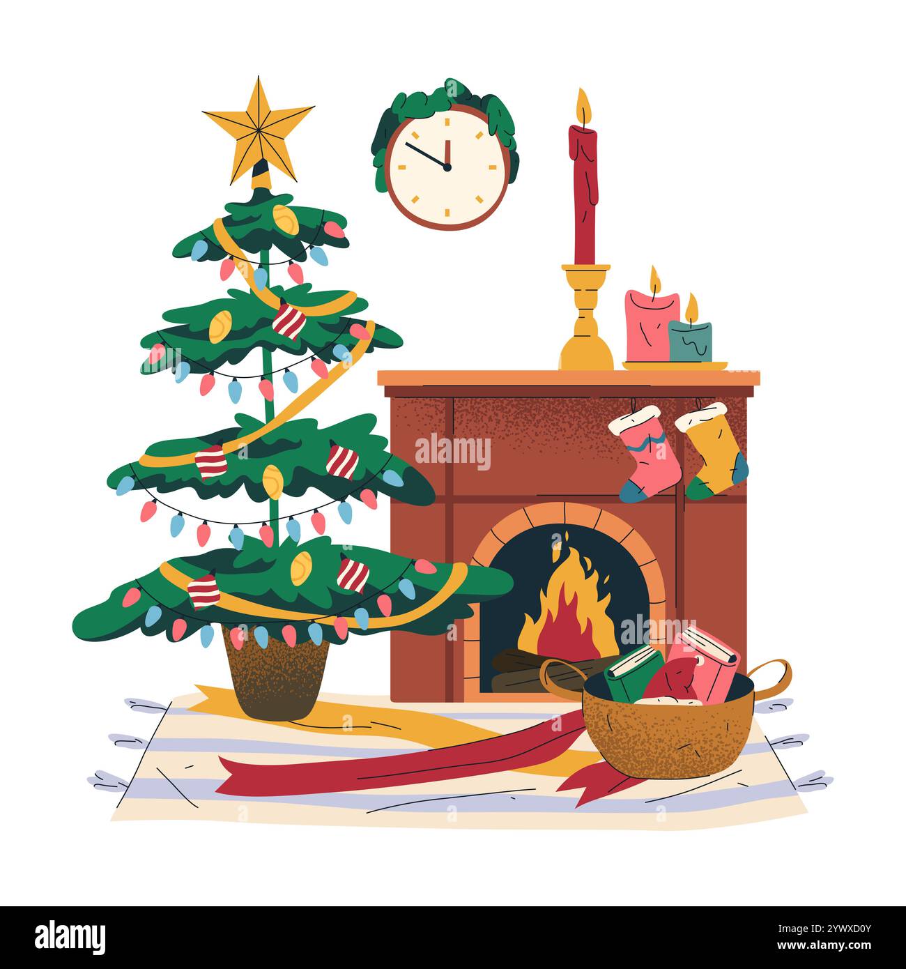 Toile de fond festive avec des décorations de Noël traditionnelles. Bannière ou carte vectorielle. Intérieur avec arbre du nouvel an, cheminée, bougies et chaussettes. Illustration de Vecteur