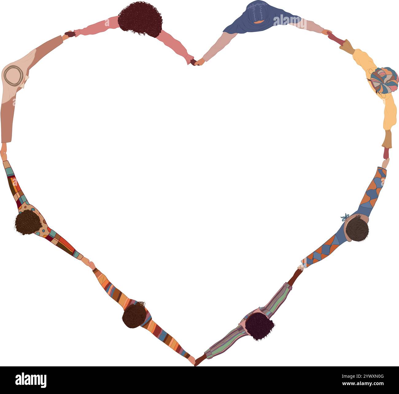 Chaîne d'un peuple multiculturel vu d'en haut se tenant la main et formant une forme de coeur. Travail d'équipe de coopération. Communauté d'amis ou de bénévoles Illustration de Vecteur