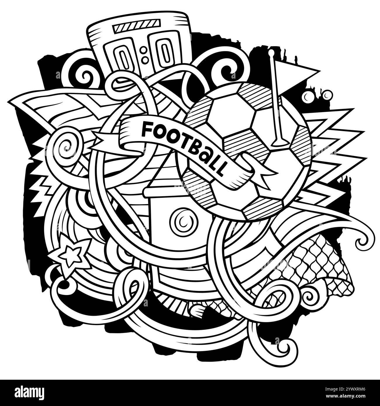 Dessin animé vectoriel de dessins de football illustration.Dessin au trait, détaillé, avec beaucoup d'arrière-plan d'objets.Tous les objets sont séparés.Football image drôle Illustration de Vecteur