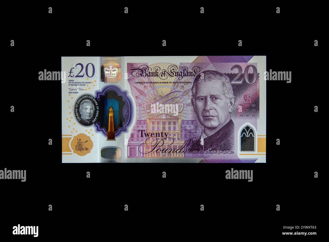 Banque d'Angleterre nouveaux billets de banque en polymère de vingt livres représentant le roi Charles sur fond noir. Banque D'Images
