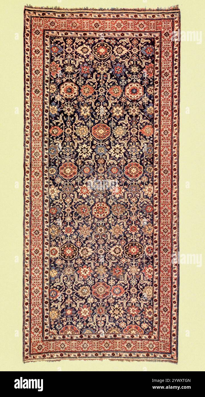 TAPIS ORIENTAL taille 12-1 x 5-5 CHAÎNE — 11 nœuds au pouce TRAME — 9 nœuds au pouce 99 NŒUDS au pouce CARRÉ extrait de « tapis orientaux, coureurs et tapis et quelques reproductions Jacquard » de Sydney Humphries, publié par Adam et Charles Black 1910 Banque D'Images