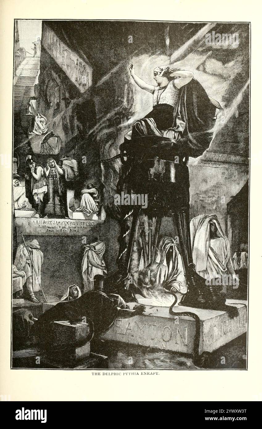 THE DELPHIC PYTHIA ENRAPT from THE WEST ARYANS / The Grecs from tome 3 of Universal History de Ridpath : an account of the origine, primitive condition and Ethnic Development of the Great races of Mankind, and of the principaux événements dans l'évolution et le progrès de la vie civilisée entre les hommes et les Nations, from Recent and Authentic sources with a first enquête on the time, place and the mode of the commencement by Ridpath, John Clark, 1840-1900 publié en 1897 Banque D'Images