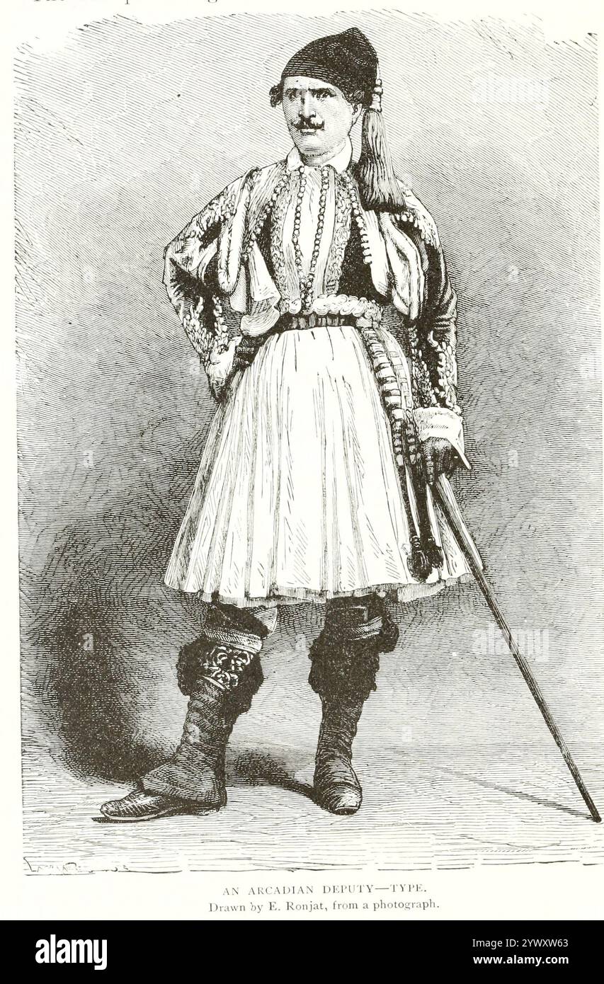 AN ARCADIAN DEPUTY dessiné par E. Ronjat from THE WEST ARYANS / The Greeks from volume 3 of Ridpath's Universal History : un compte rendu de l'origine, de la condition primitive et du développement ethnique des grandes races de l'humanité, et des principaux événements dans l'évolution et le progrès de la vie civilisée entre les hommes et les Nations, à partir de sources récentes et authentiques avec une enquête préliminaire sur le temps, le lieu et la manière du commencement par Ridpath, John Clark, 1840-1900 publié en 1897 Banque D'Images