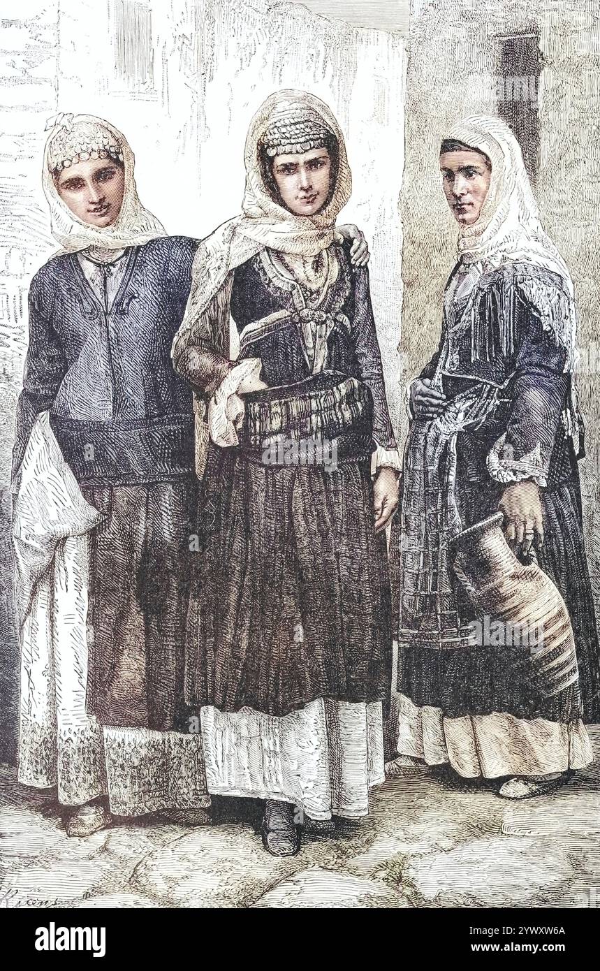 FEMMES DE MÉGARE dessinées par A. Rixen , des ARYENS OCCIDENTAUX / les Grecs du volume 3 de l'histoire universelle de Ridpath : un compte rendu de l'origine, de la condition primitive et du développement ethnique des grandes races de l'humanité, et des principaux événements dans l'évolution et le progrès de la vie civilisée entre les hommes et les Nations, à partir de sources récentes et authentiques avec une enquête préliminaire sur le temps, le lieu et la manière du commencement par Ridpath, John Clark, 1840-1900 publié en 1897 Banque D'Images