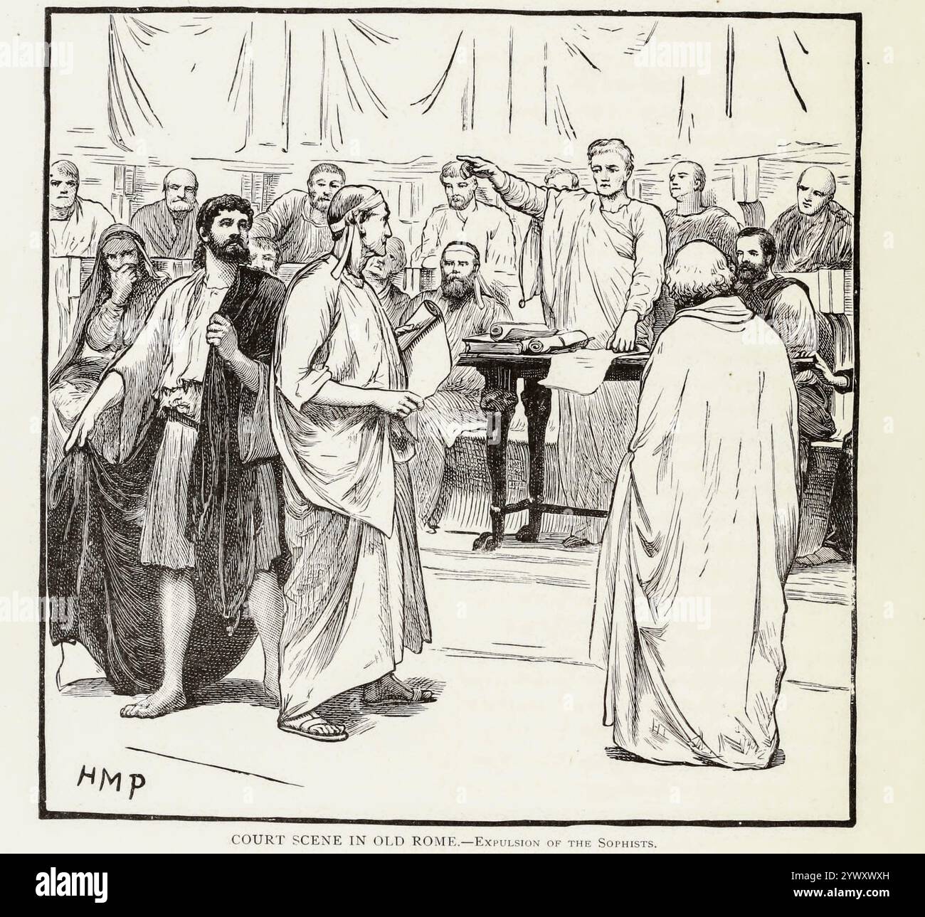 SCÈNE DE COUR dans la vieille Rome expulsion des sophistes illustration du livre VIII les Romains du volume 3 de l'histoire universelle de Ridpath : un compte rendu de l'origine, de la condition primitive et du développement ethnique des grandes races de l'humanité, et des principaux événements dans l'évolution et le progrès de la vie civilisée entre les hommes et les Nations, à partir de sources récentes et authentiques avec une enquête préliminaire sur le temps, le lieu et la manière du commencement par Ridpath, John Clark, 1840-1900 publié en 1897 Banque D'Images