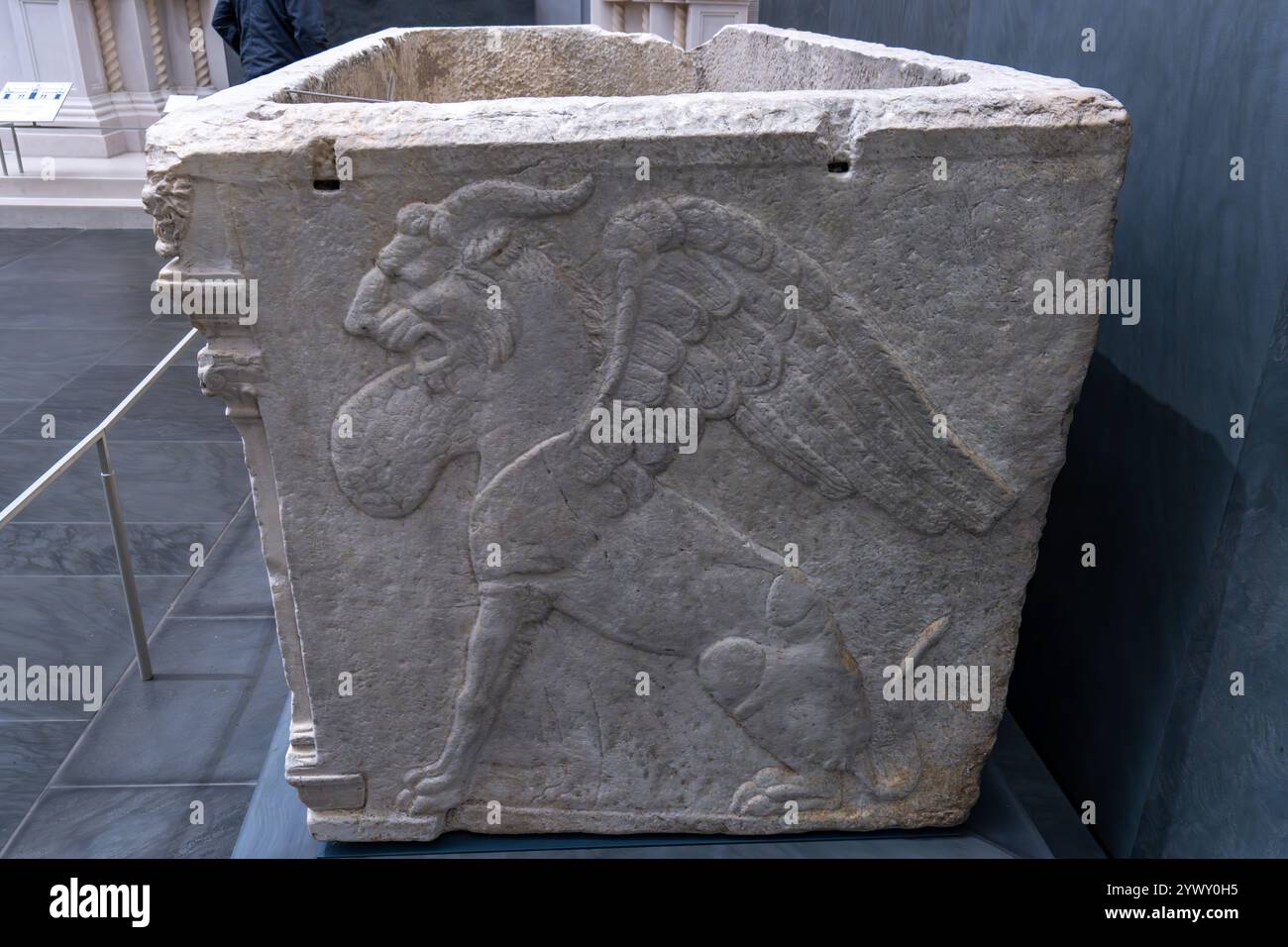 Animal mythique sculpté sur un sarcophage romain du IIe siècle au Musée Duomo de Florence, en Italie. Banque D'Images