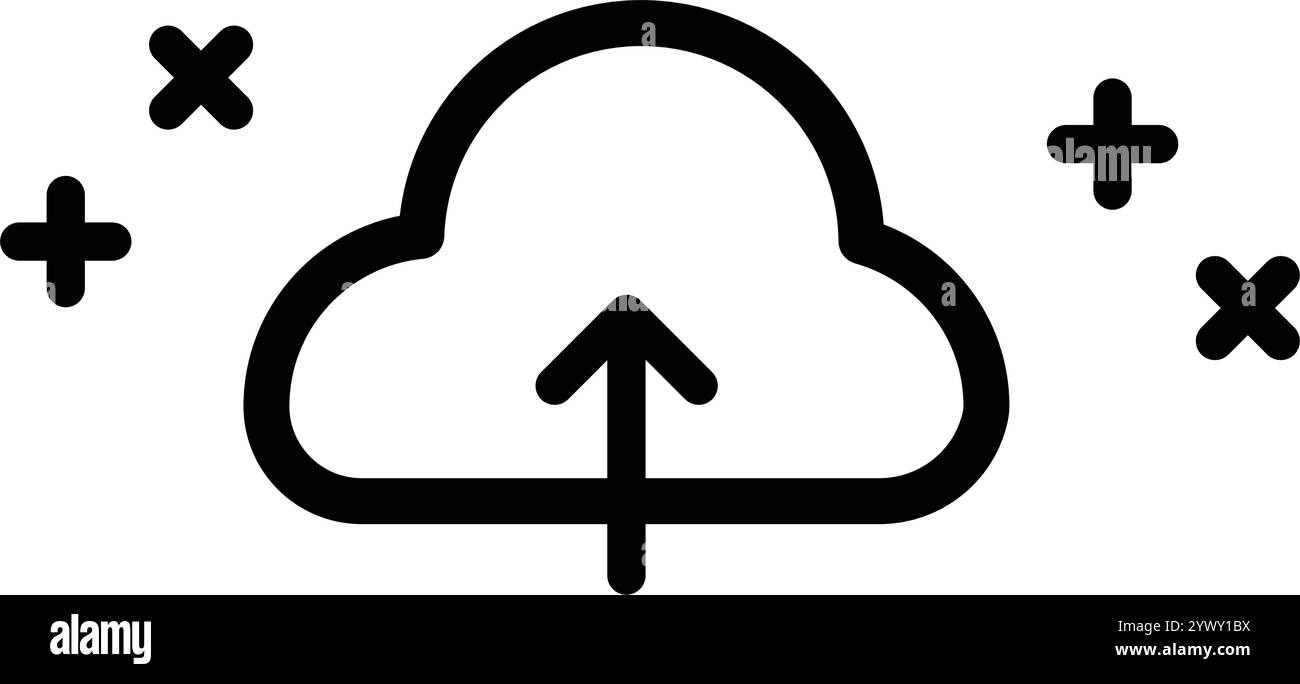 WebIcon dispose d'un nuage avec une flèche vers le haut, représentant la fonctionnalité de téléchargement. Il est entouré de symboles minimalistes plus et croix. Télécharger Illustration de Vecteur