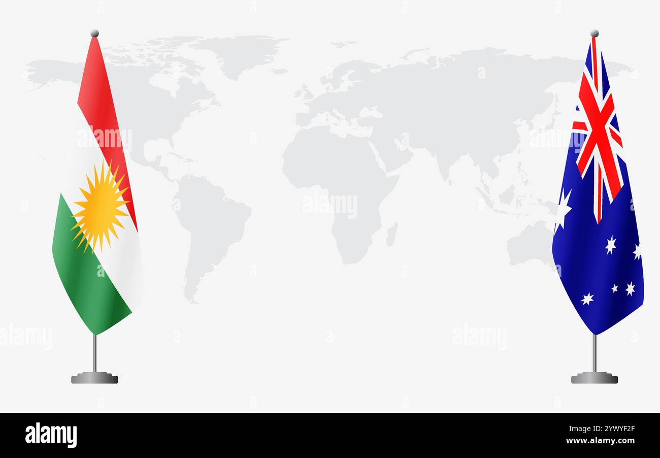 Drapeaux du Kurdistan et de l'Australie pour la réunion officielle sur fond de carte du monde. Illustration de Vecteur