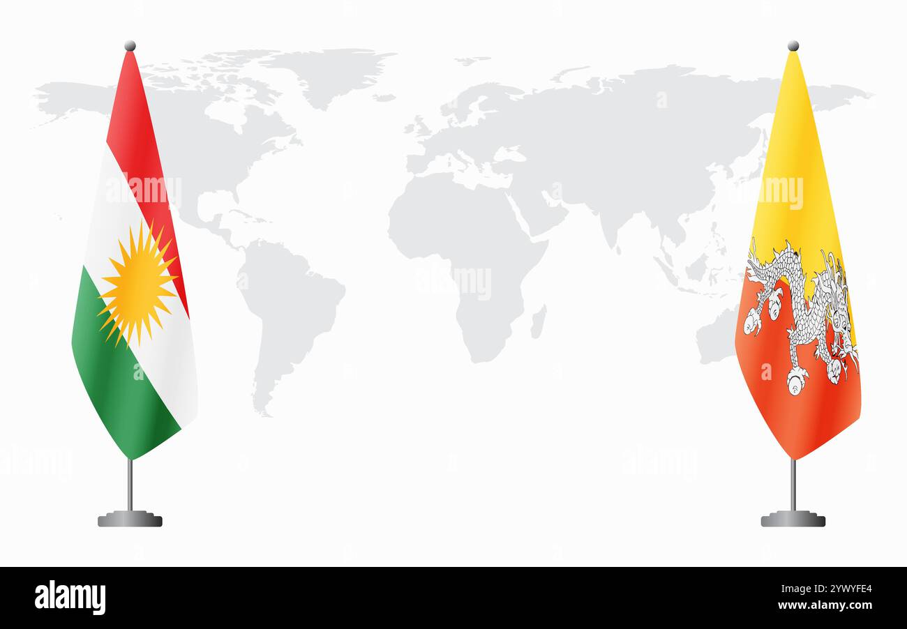 Drapeaux du Kurdistan et du Bhoutan pour la réunion officielle sur fond de carte du monde. Illustration de Vecteur