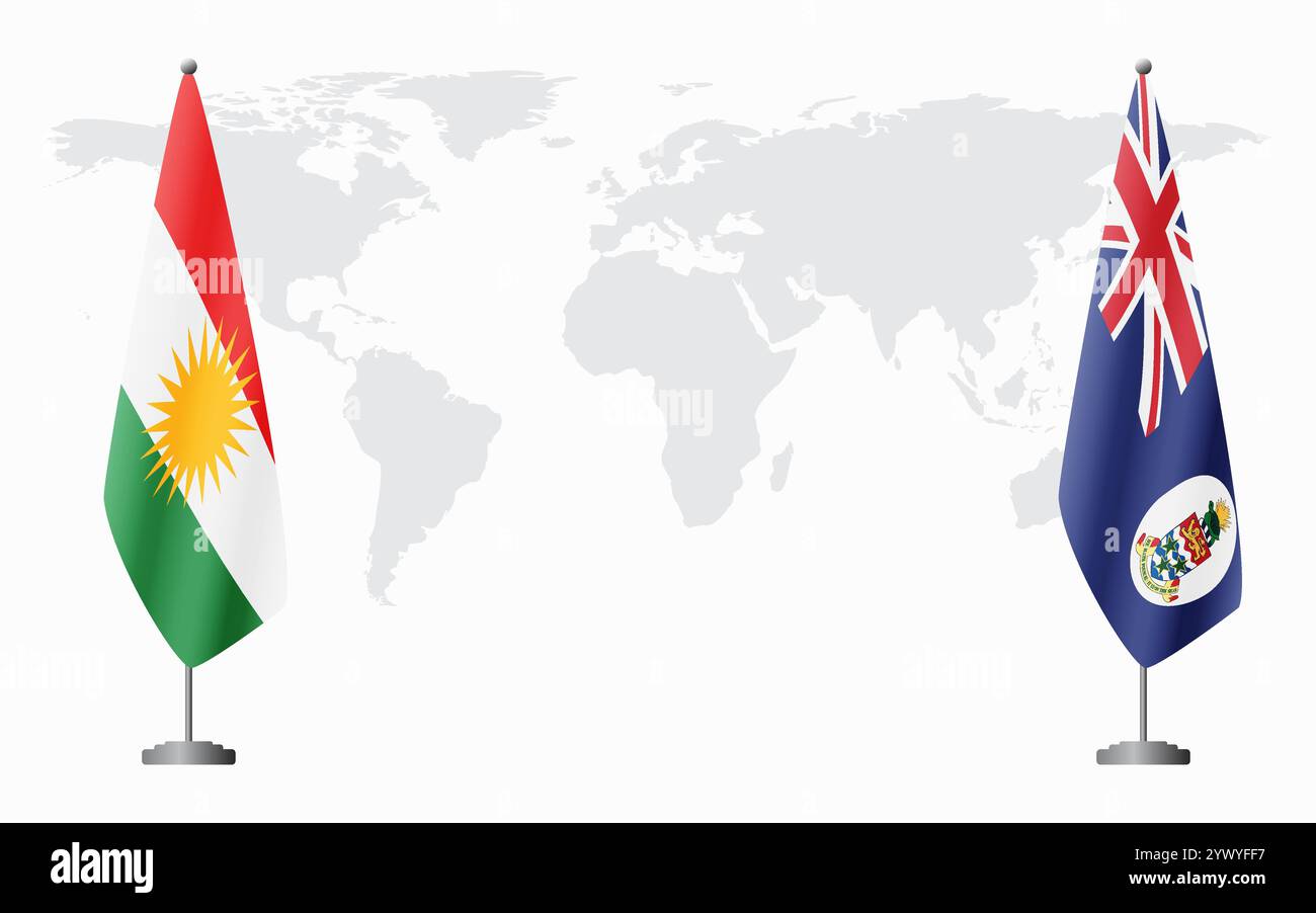 Drapeaux du Kurdistan et des îles Caïmanes pour la réunion officielle sur fond de carte du monde. Illustration de Vecteur