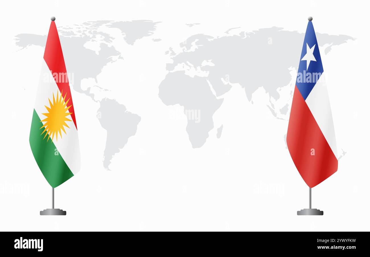 Drapeaux du Kurdistan et du Chili pour la réunion officielle sur fond de carte du monde. Illustration de Vecteur
