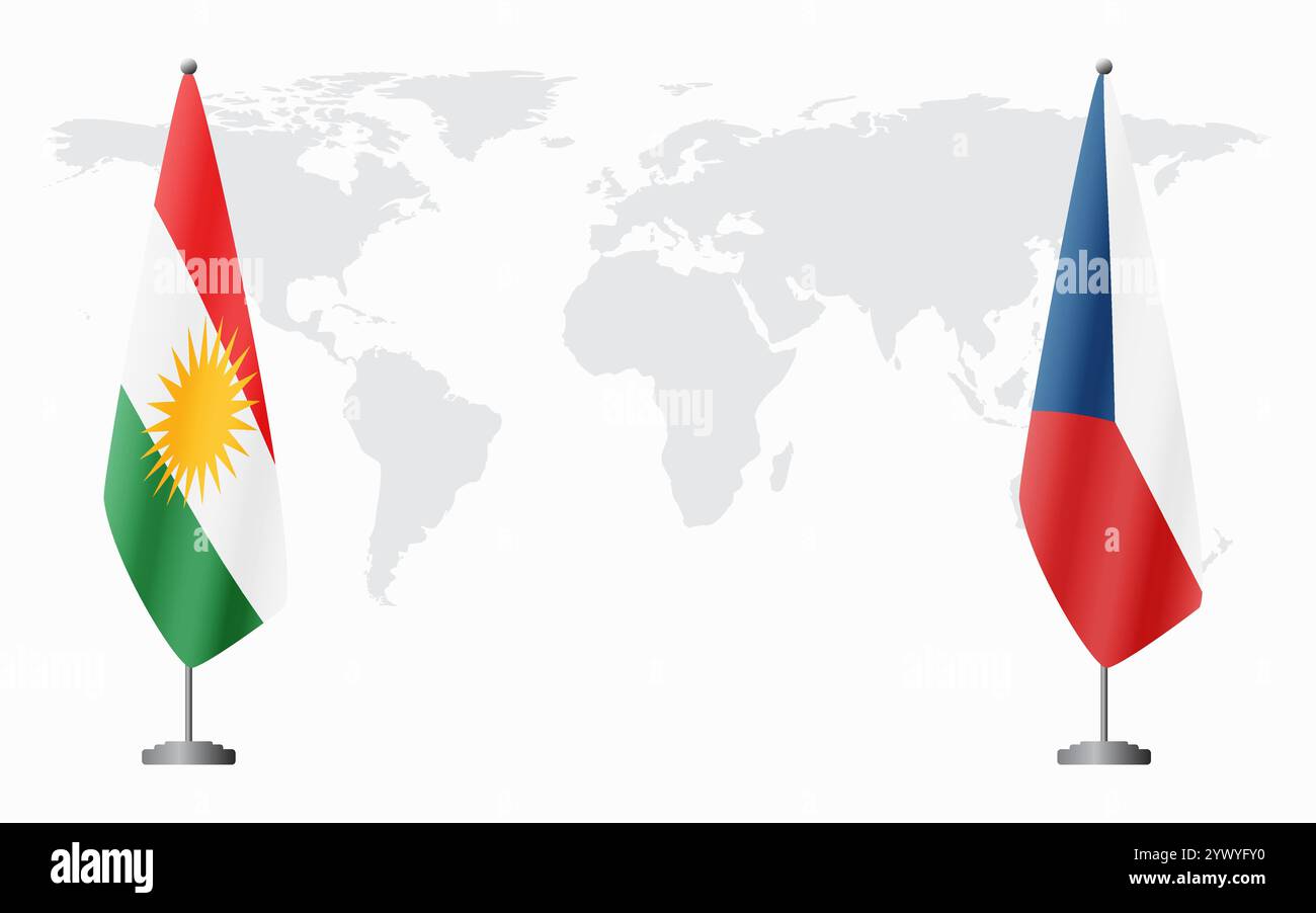 Drapeaux du Kurdistan et de la République tchèque pour la réunion officielle sur fond de carte du monde. Illustration de Vecteur