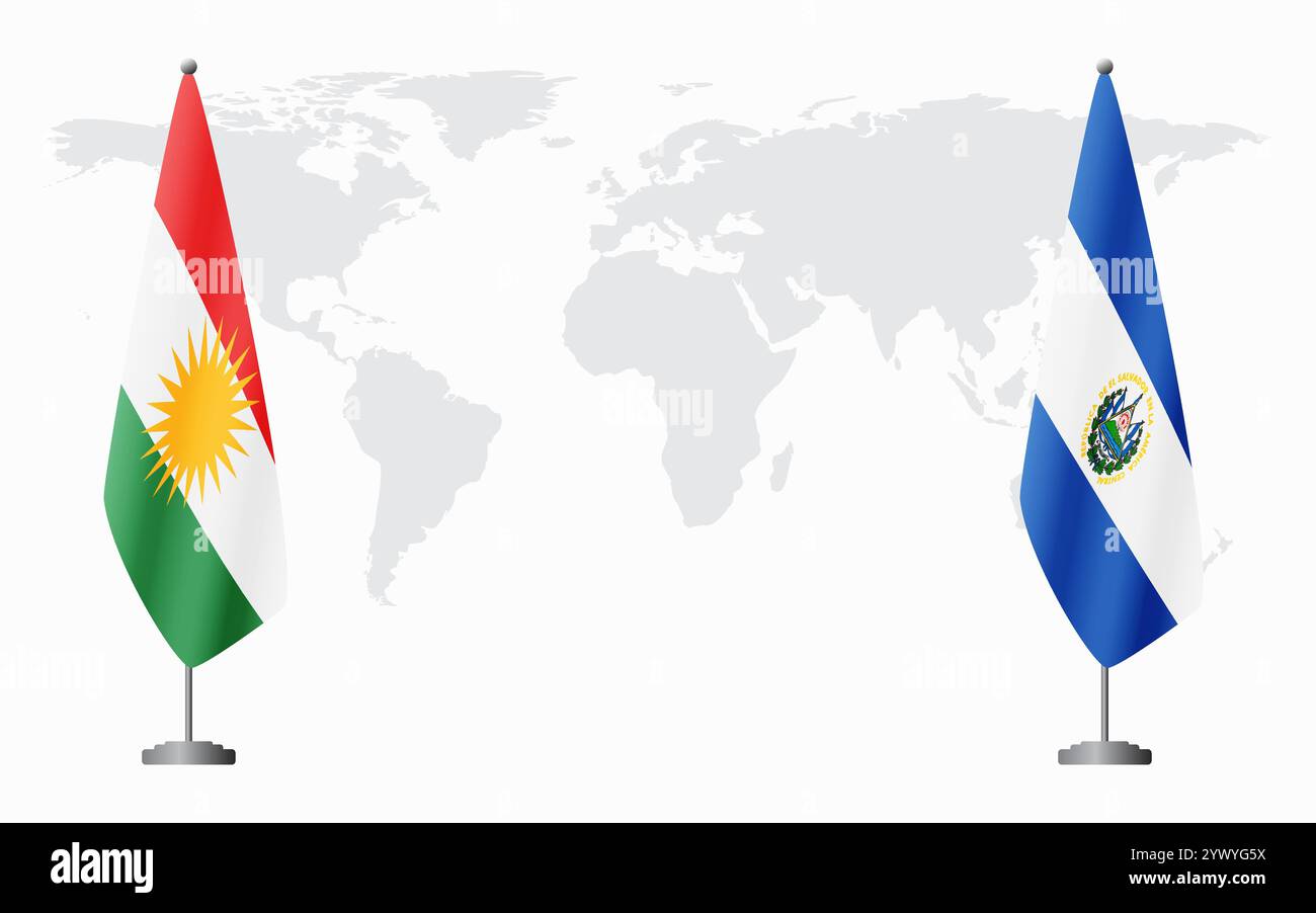 Drapeaux du Kurdistan et du Salvador pour la réunion officielle sur fond de carte du monde. Illustration de Vecteur