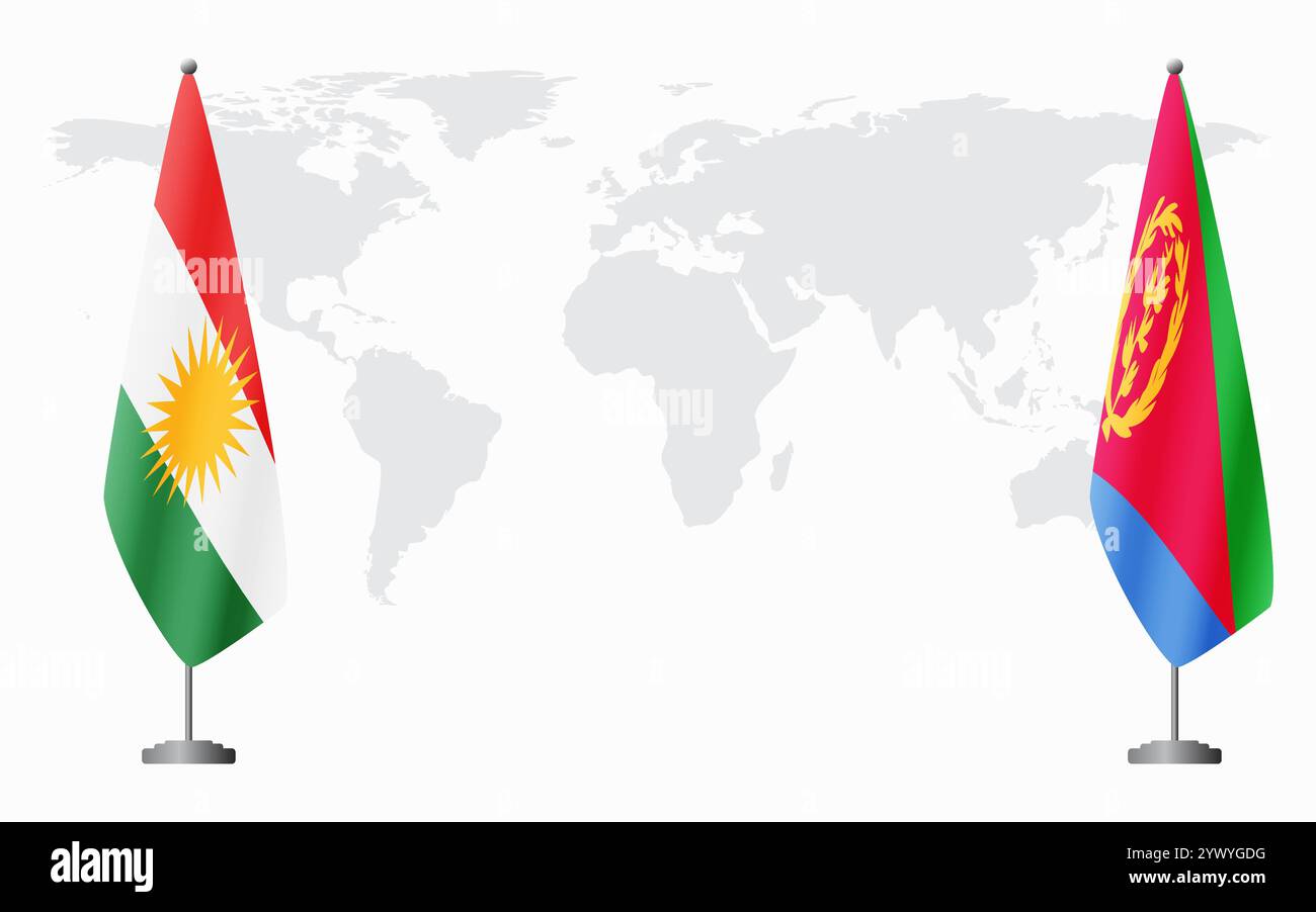 Drapeaux du Kurdistan et de l'Érythrée pour la réunion officielle sur fond de carte du monde. Illustration de Vecteur