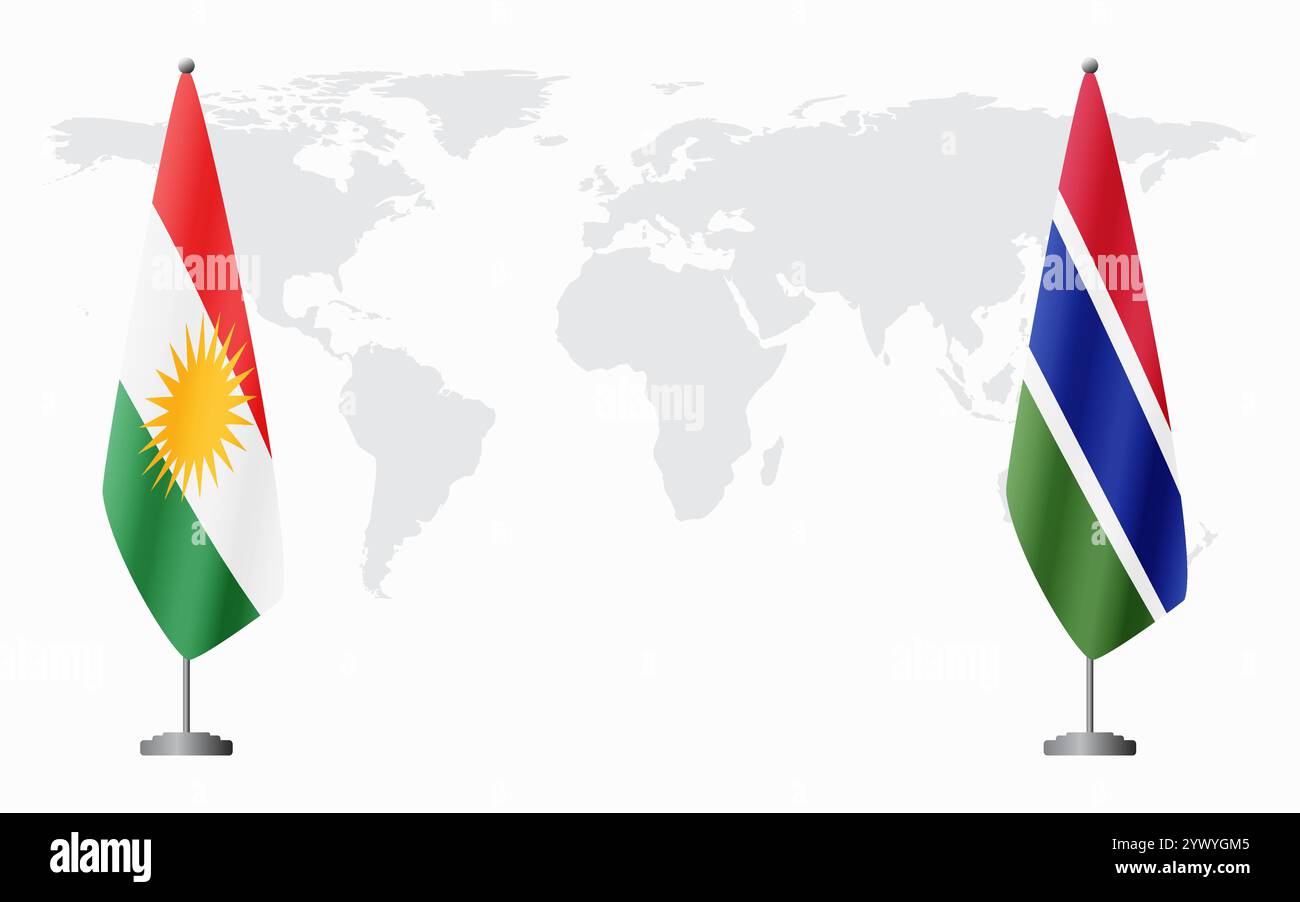 Drapeaux du Kurdistan et de la Gambie pour la réunion officielle sur fond de carte du monde. Illustration de Vecteur