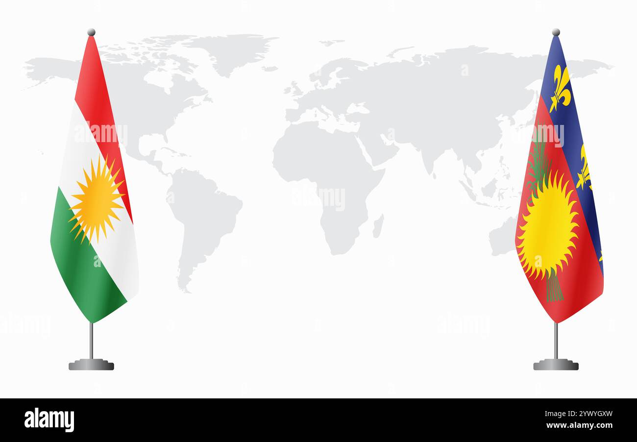 Drapeaux du Kurdistan et de la Guadeloupe pour la réunion officielle sur fond de carte du monde. Illustration de Vecteur