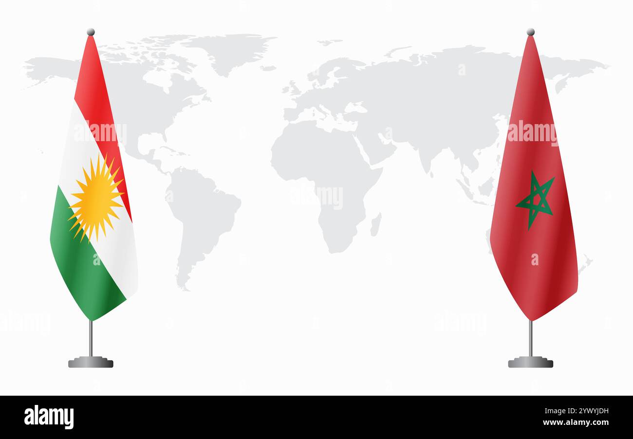 Drapeaux du Kurdistan et du Maroc pour la réunion officielle sur fond de carte du monde. Illustration de Vecteur