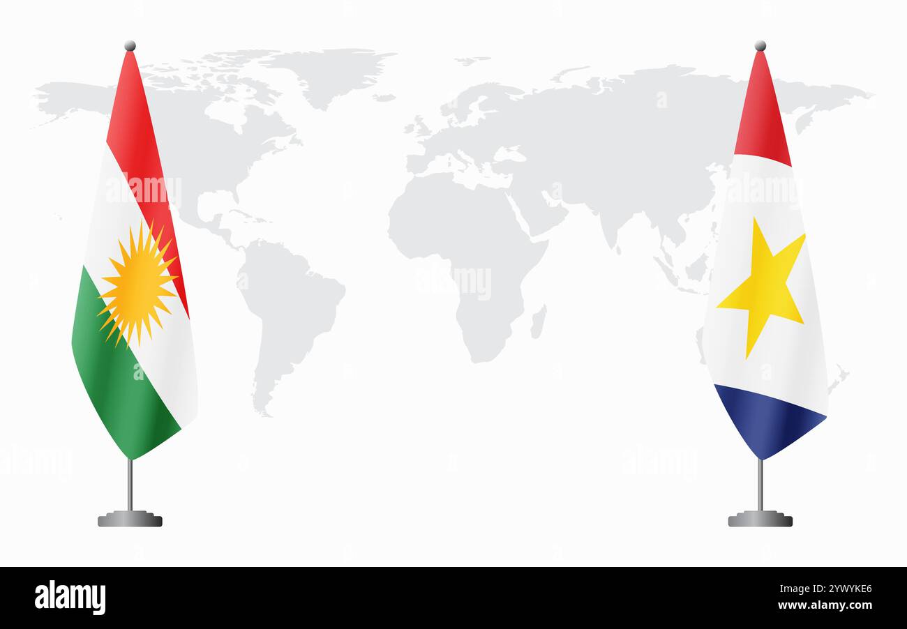 Drapeaux du Kurdistan et de Saba pour la réunion officielle sur fond de carte du monde. Illustration de Vecteur