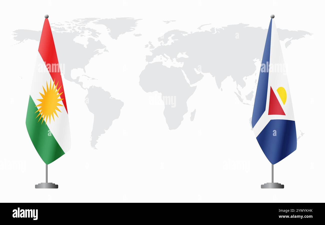 Drapeaux du Kurdistan et de Saint Martin pour la réunion officielle sur fond de carte du monde. Illustration de Vecteur