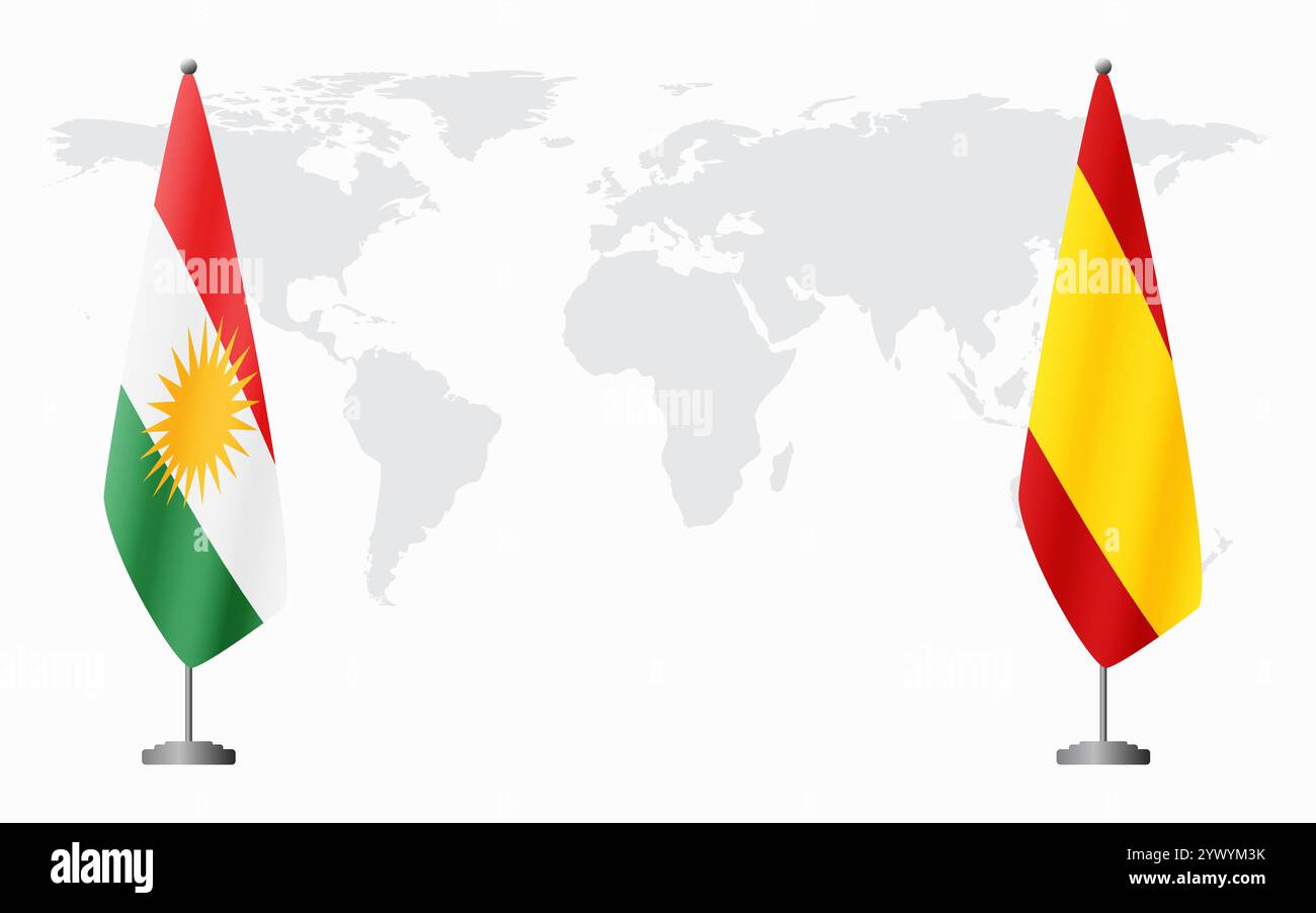 Kurdistan et Espagne civile drapeaux pour la réunion officielle sur fond de carte du monde. Illustration de Vecteur